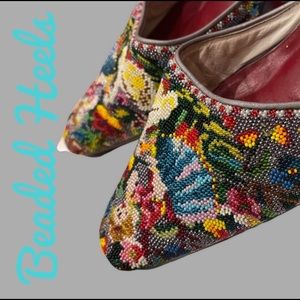 Statement Art Beaded Slip - On Heels, Size 8